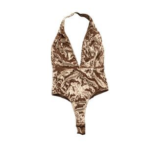 Bozzolo Halter Bodysuit Womens MEDIUM Crushed Velvet Plunge Vneck Bronze Gold